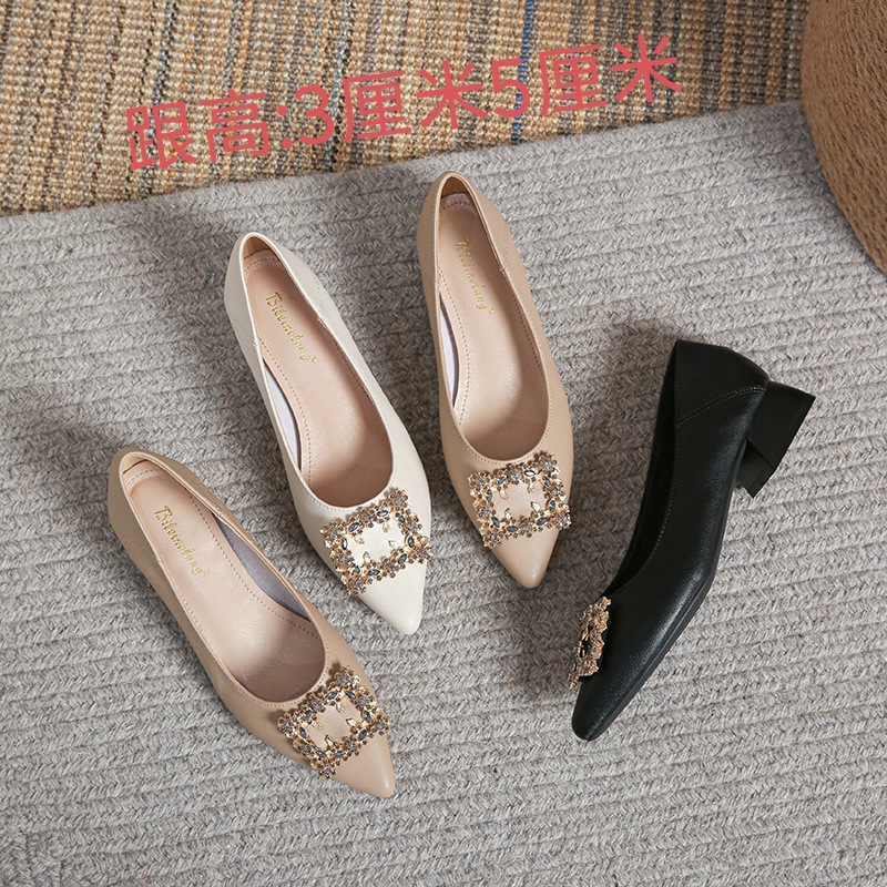 Pointed toe chunky heel low-cut single-layer shoes for women 2023 Spring and Autumn New Internet Celebrity All-match suede low heel pumps black work shoes
