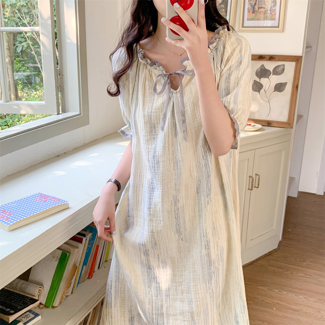 Korean summer new pure cotton breathable loose sweet striped ins cute princess style pajamas home wear dress women