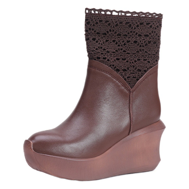 2024 Autumn and Winter New Leather Thick-soled Wedge Martin Boots Retro Platform Solid Color Cowhide Side Zipper Boots