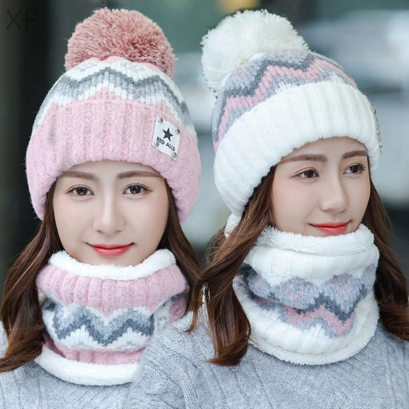 Autumn and Winter Hat and Scarf All in One, Cute Cycling Fleece-Lined Knitted Warm Hat, Versatile Winter Woolen Hat, Ear Protection and Neck Scarf