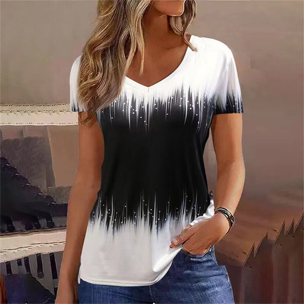 FM 2024 foreign trade cross-border cross-border European and American women's new wish independent station 3D pattern printing short sleeve V collar
