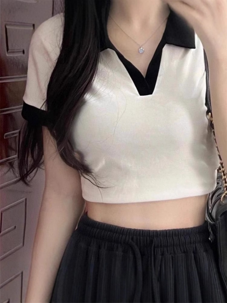 Polo Shirt Short-sleeved Shoulder T-shirt Women's Short Top Niche Design Sense Summer Instagram Hot Girls Chic All-match