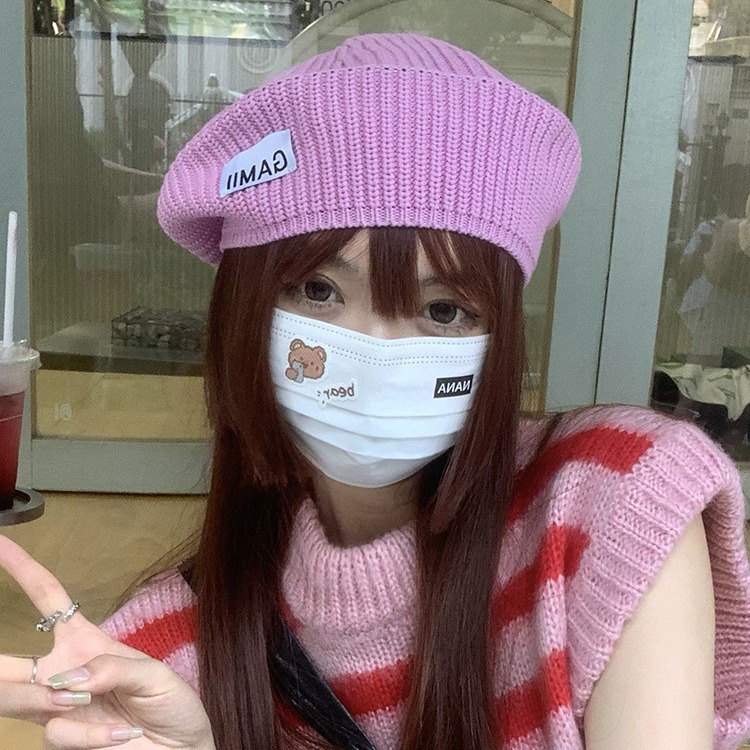 Korean Style Trendy Knitted Wool New Pink Beret Women's Autumn and Winter Versatile Face-Showing Small Warm Painter Hat