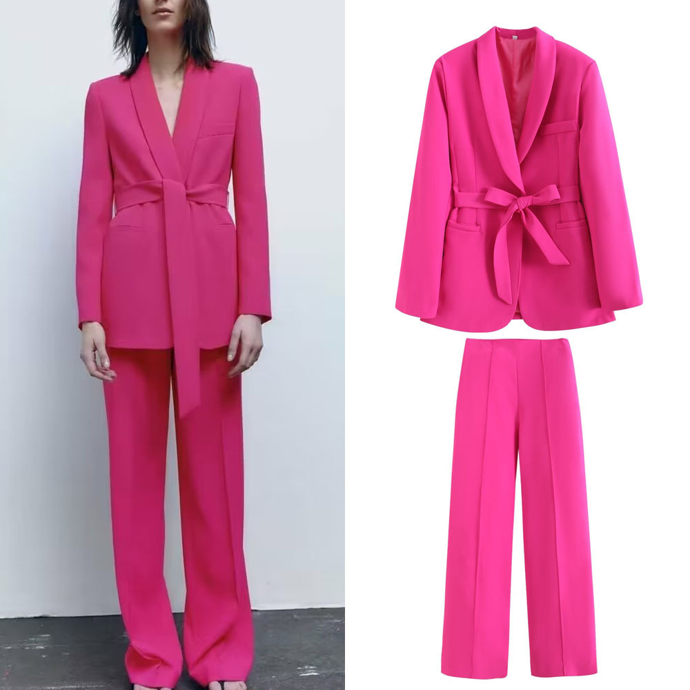 Cross-Border European and American Spring & Fall Women's New Style Belted Dress Small Suit Jacket + Casual Pants Suit
