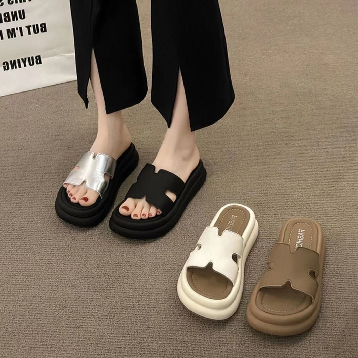 Slippers Women's 2025 Summer New Round-toe Thick-soled Increased Beach Sandals Fashionable One-word Slippers Women's Outer Wear Sandals