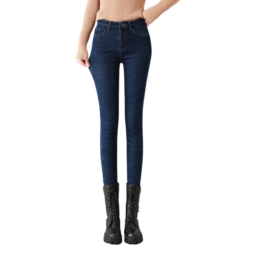 Blue gray velvet padded jeans women's feet 2023 Winter new slim stretch warm pants