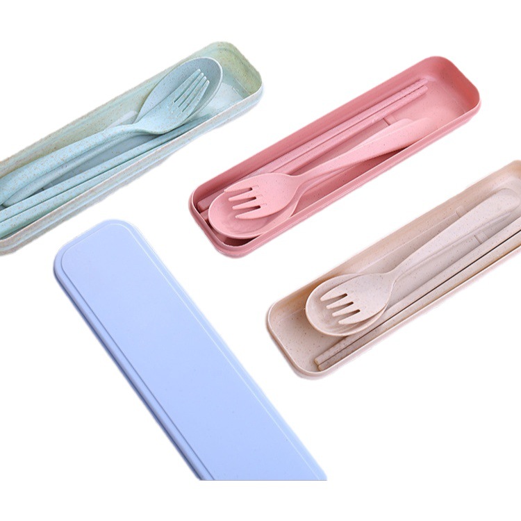 Wheat Straw Tableware Fork, Spoon and Chopsticks Three-Piece Set Scandinavian Color Kidsren's Outdoor Travel Picnic Portable Tableware Set
