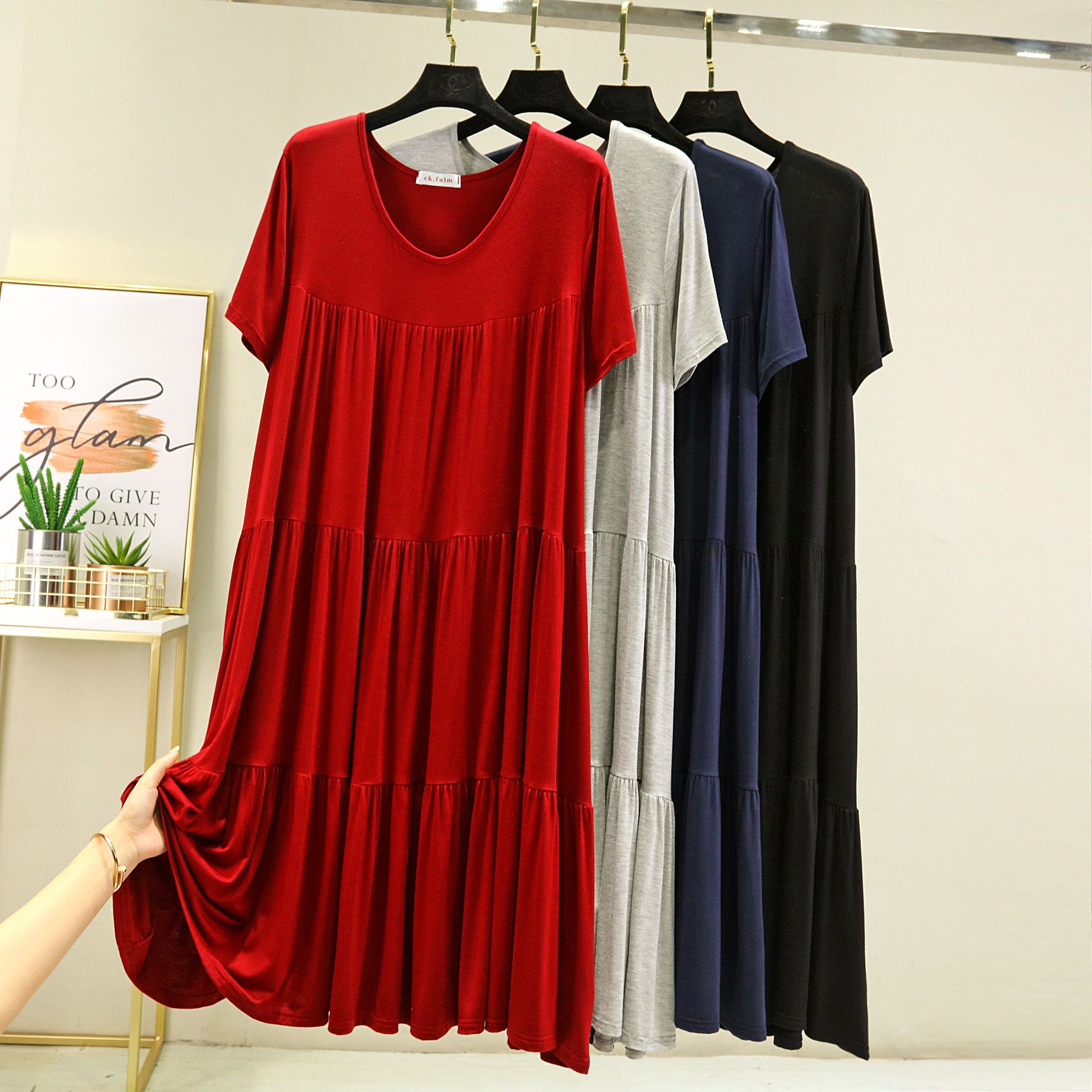 Bit Cotton Three-Layer Cake Skirt Short-Sleeved Stitching Large Size Loose Dress Summer Slimming Pregnant Women's Skirt for Chubby Girls