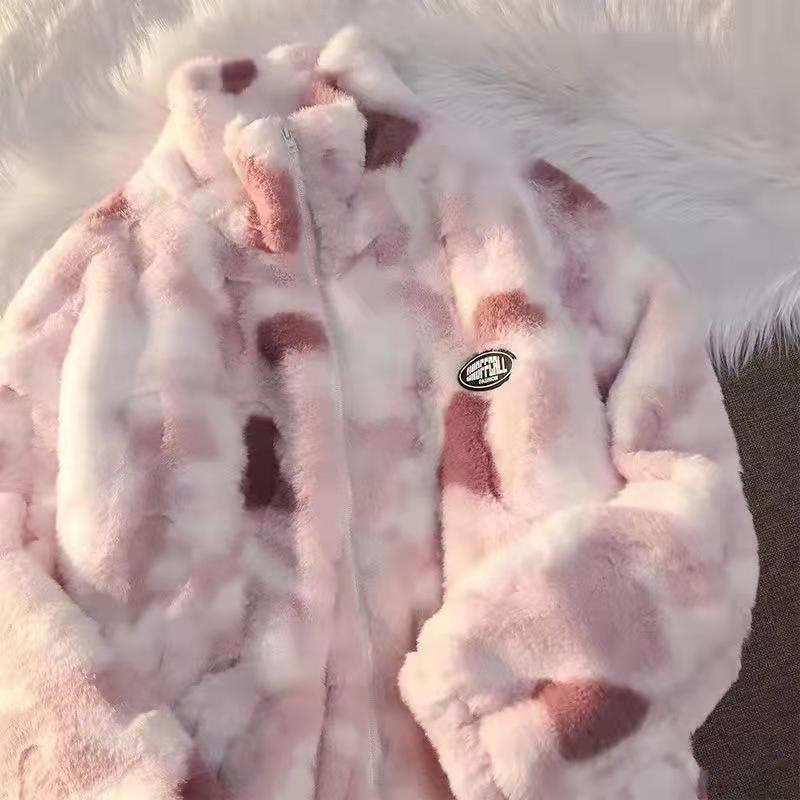 Tie-dyed Lazy-style Double-sided Velvet Coat Women's Design Sense Winter Zipper Coat Trendy ins2024 New Loose