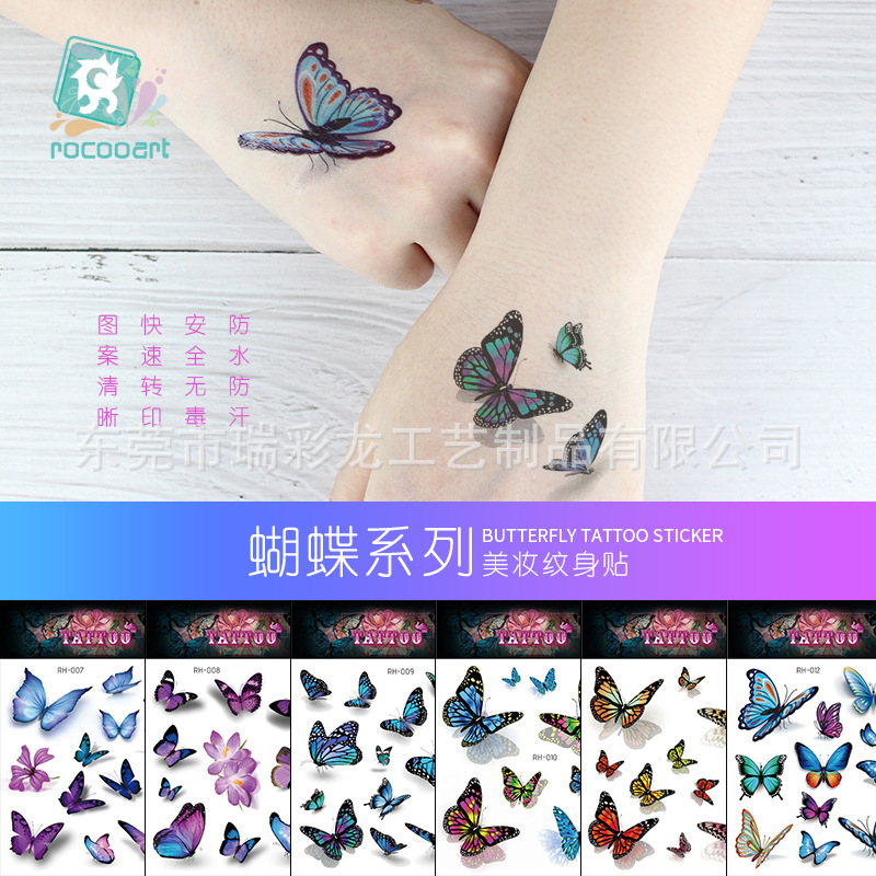 New Cross-border Waterproof 3d Butterfly Tattoo Small Fresh Wrist Collarbone Ruikalong Tattoo Wholesale