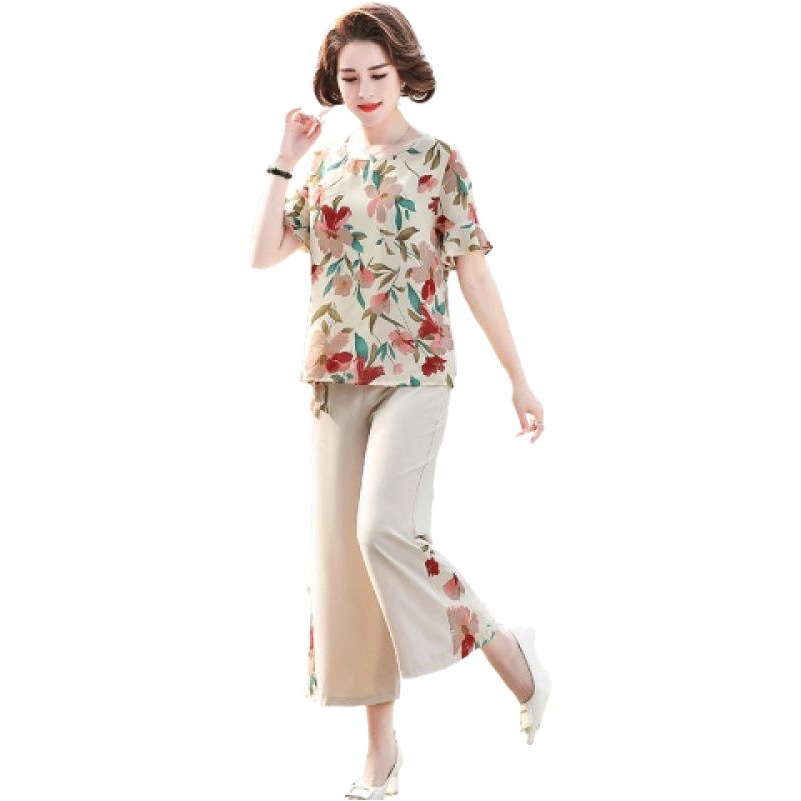 Foreign trade 2022 mother summer suit leisure foreign temperament middle-aged and elderly loose suit two-piece ins