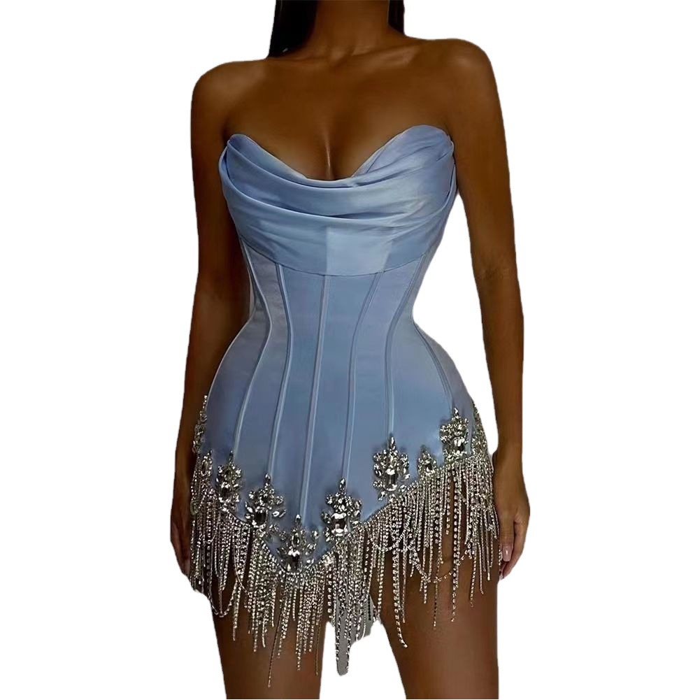 European and American New Knitted Tube Top Pleated Backless Strip Heavy Industry Jewelry Tassel Chain Short Bandage Women's dress
