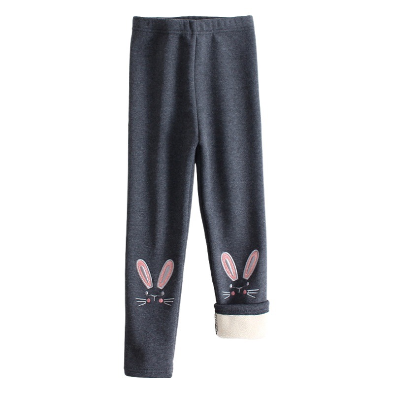 Picture of Winter Girls' Fleece-Lined Pure Cotton Children's Autumn and Winter Pants with Cartoon Bunny Embroidery, Thickened and Warm Baby Trousers