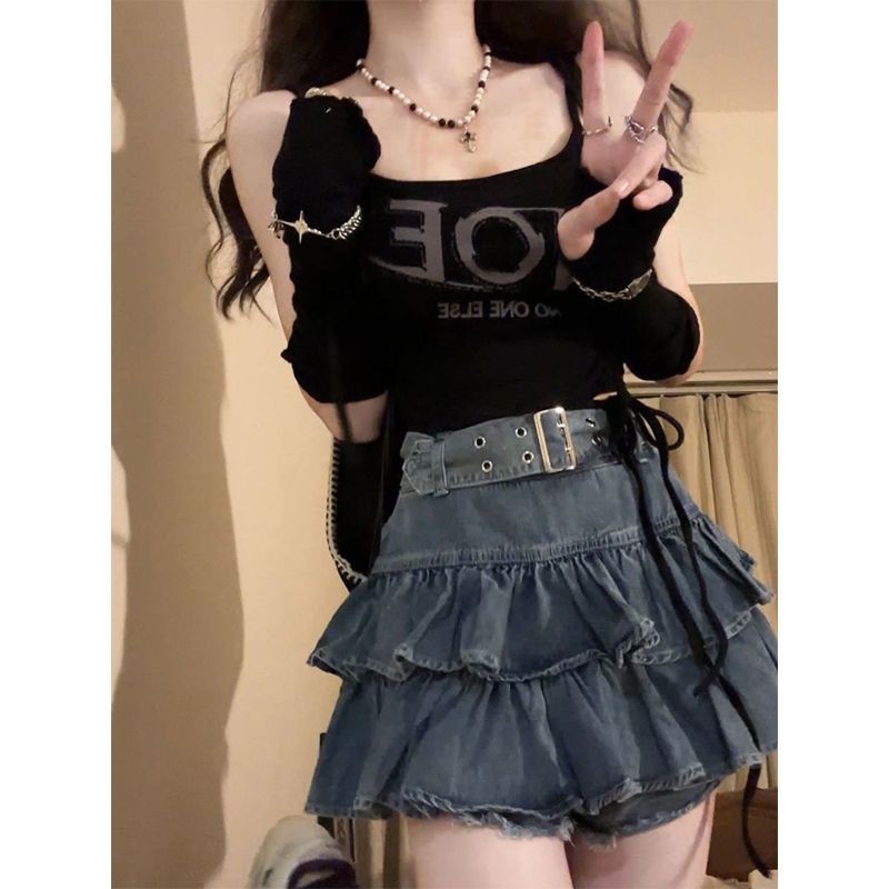 chubby girl High Waist Design Double Layer Cake Denim Skirt Women's plus size Retro Ruffled Hot Girl Hip Pleated Skirt
