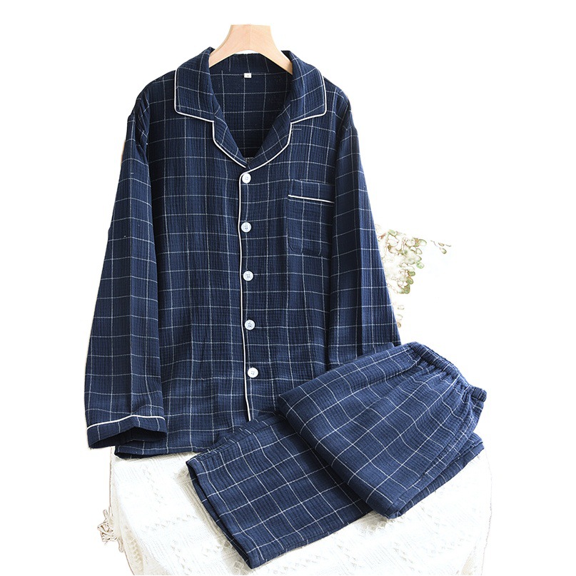 Men's cotton plaid pajamas Spring and Autumn long sleeve thin crepe cotton yarn lapel classic home wear loose plus size