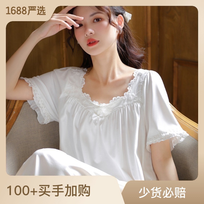 Short-Sleeved Nightgown for Women Summer Cotton Palace Style Lace Princess Pajamas Loose Large Size Soft Can Be Worn Outside Home Clothes