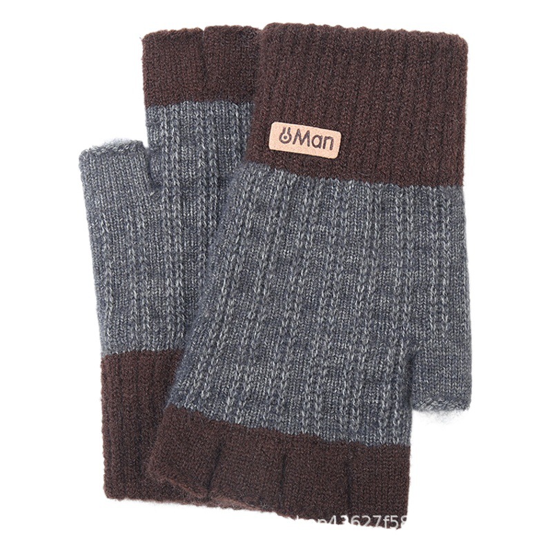 Men's Half-Finger Warm Gloves Winter Finger-Exposed Wool Knitted Warm Cold-proof Gloves Student Writing Gloves