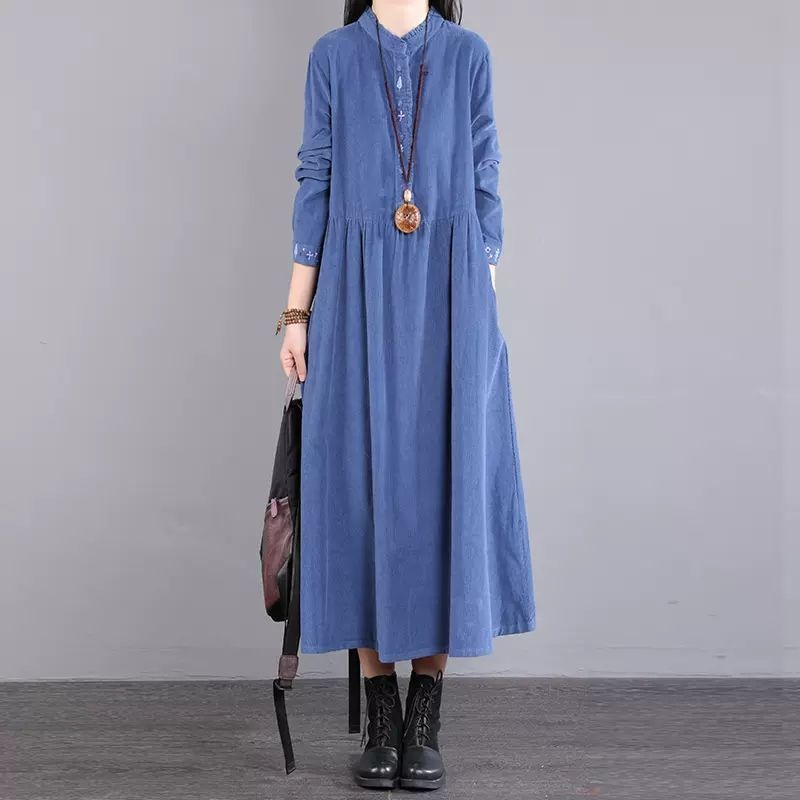 Retro Literary Corduroy Dress for Women 2025 Autum New Loose Slimming Look Mid-Length Cuff Embroidered Skirt