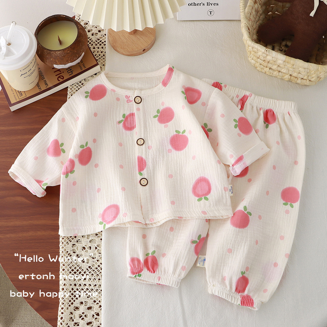Picture of New Kidsren's Thin Double-Layer Pure Cotton Gauze Pajamas Summer Baby Home Clothes Boys and Girls Long-Sleeved Spring & Fall Suits