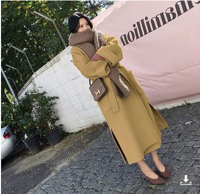 Picture of Black Woolen Coat Women's Winter Super Long Over-the-knee Lace-up Profile Double-sided Cashmere Handmade Woolen Coat