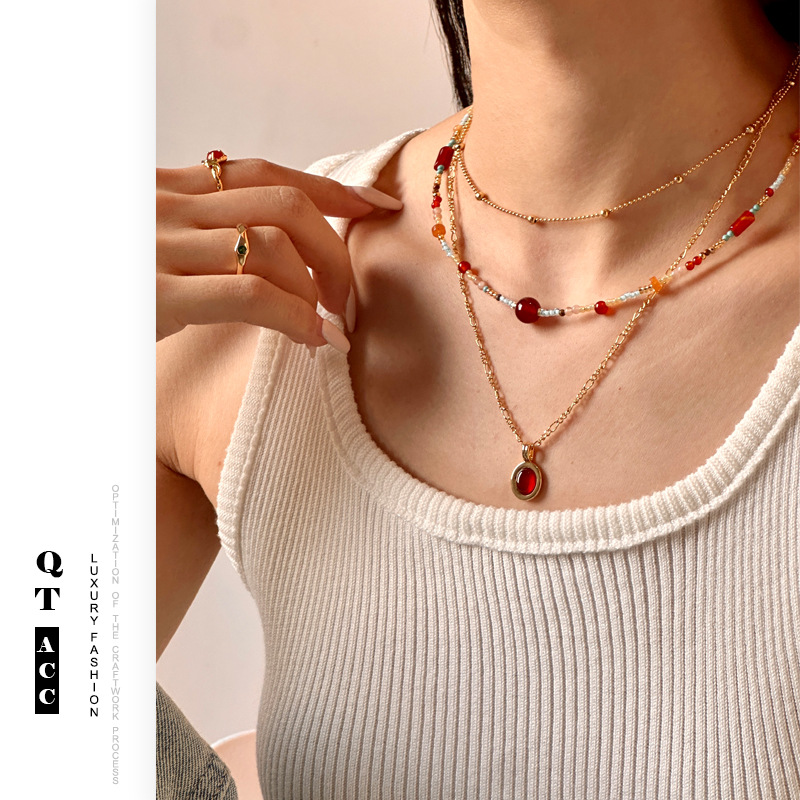 Picture of Guofeng New Chinese Style Jewelry Ancient Style Red Agate Turquoise Beaded Design Hanfu Accessories Necklace Bracelet suit Women