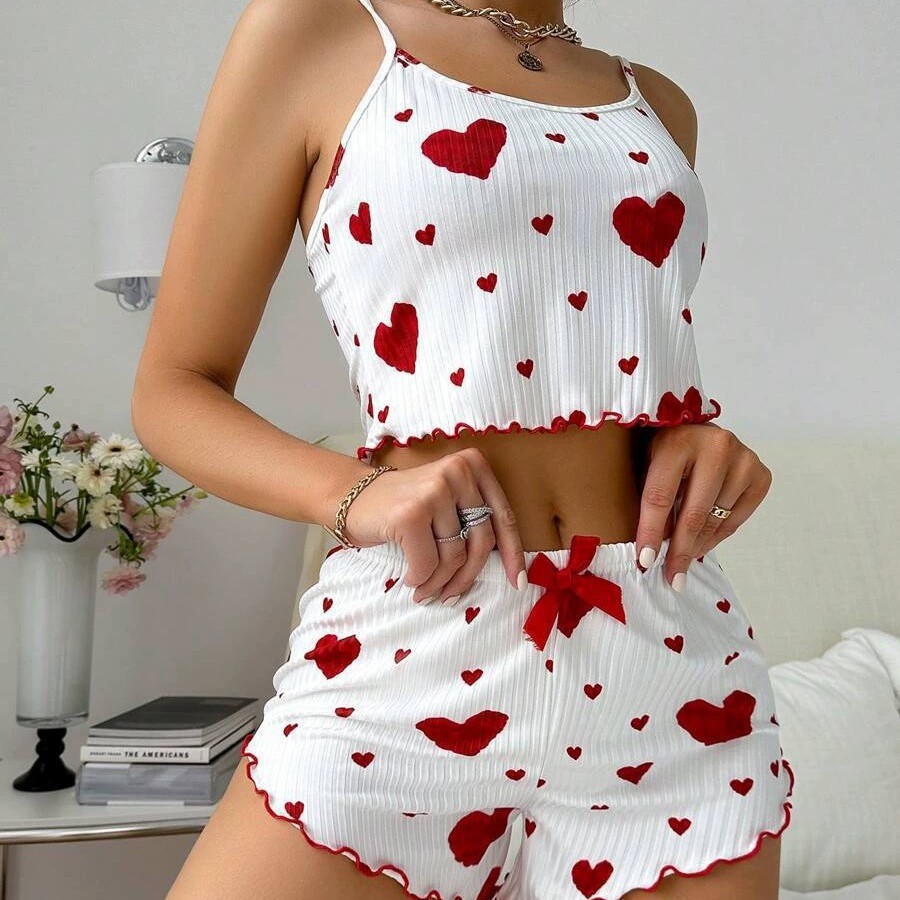 Summer New European and American 2025 Knitted Pit Heart Print Design Sweet Suspender Shorts Pure Lust Pajamas for Women