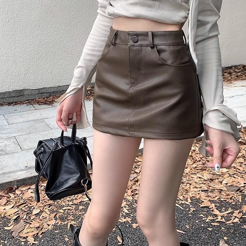 Maillard pu leather skirt women's spring 2024 new high waist brown skirt A- line hip skirt