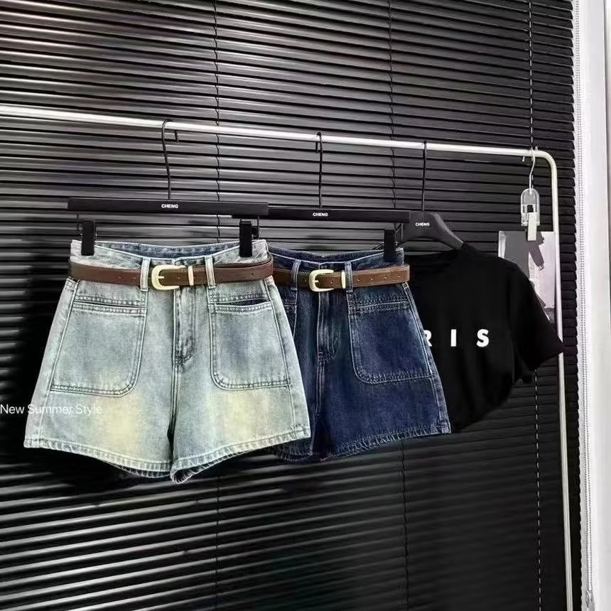 Picture of 2025 New Simple Women's Clothing Fashion Hot Pants Double Pocket A- shaped Wide Leg All-match Slimming plus size Denim Shorts Women