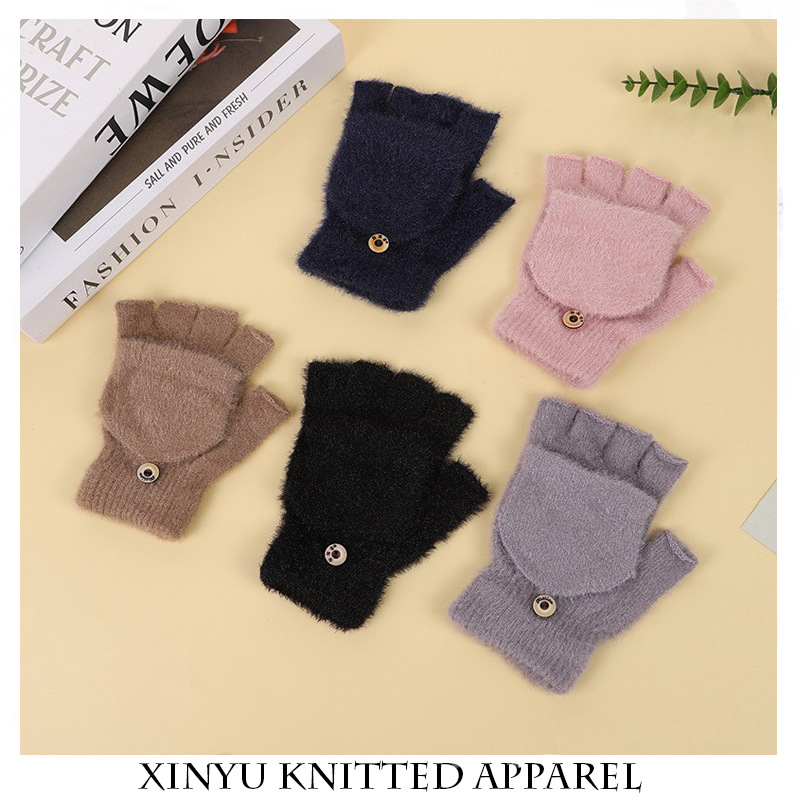 Winter warm cold-proof open finger wool knitted solid color student writing office gloves Korean autumn and winter leaky finger gloves