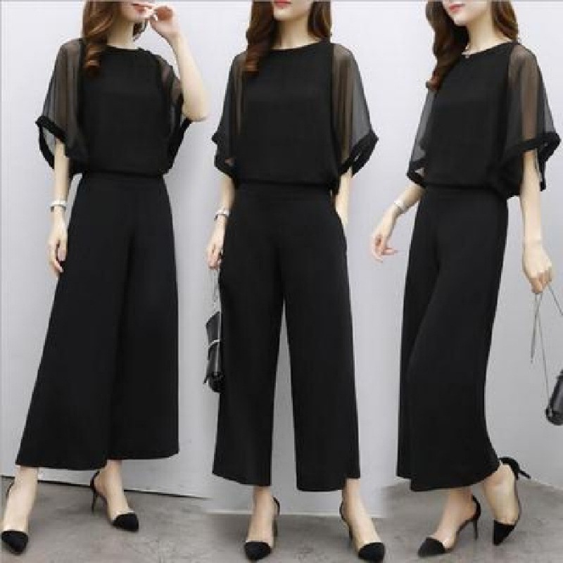 Picture of 2025 New Korean Style Women's Summer Fashion Temperament Socialite Two-Piece Chiffon Top High Waisted Wide Leg Pants Suit for Women