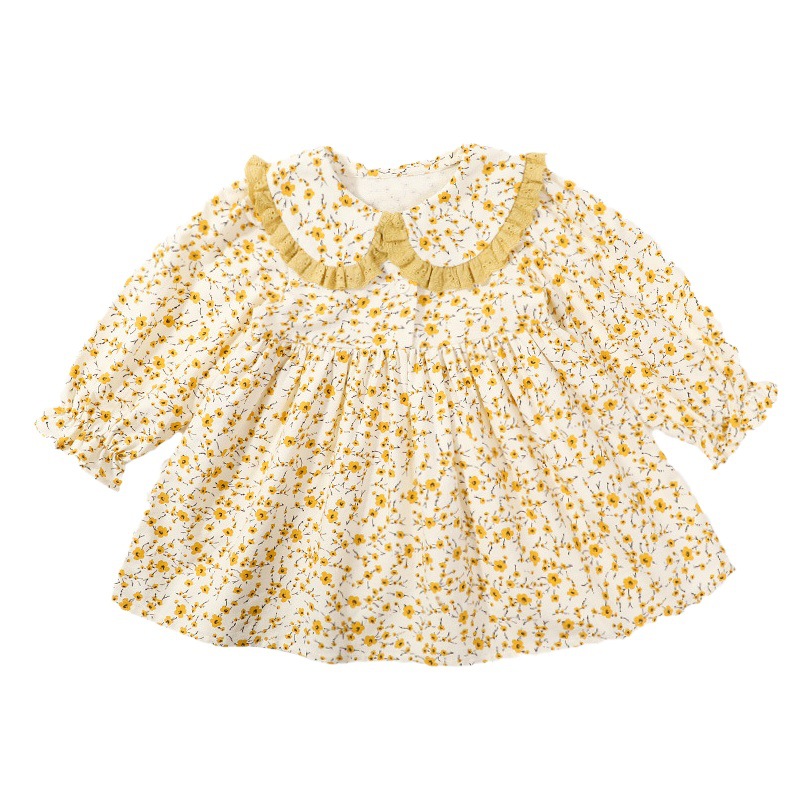 2024 New Girls Dress Western Style Spring and Autumn Clothes Toddler Small Fresh Floral Skirt Baby Lace Collar Princess Dress