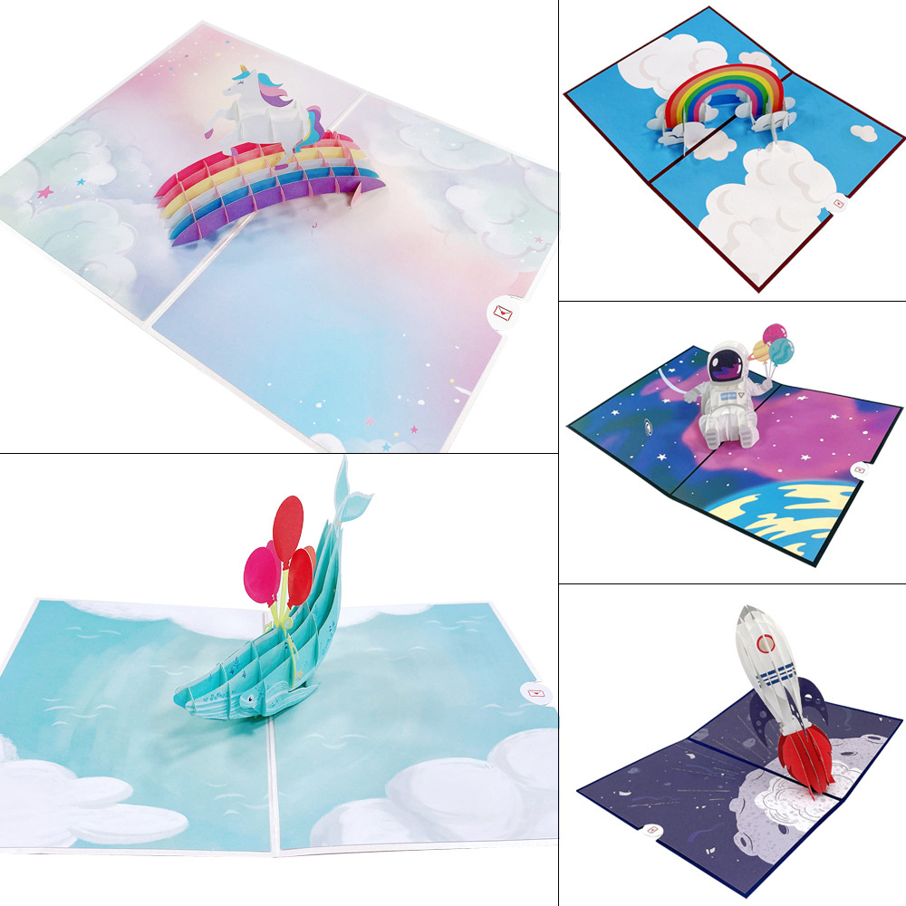 Cross-Border 3D Birthday Greeting Card for Children, Unicorn Rainbow Bridge Paper Carving Craft Blessing Card, Universal for Holidays