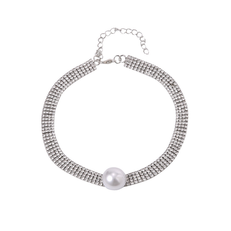 Picture of Light Luxury Full Diamond Simple Short Necklace for Women, Elegant Collarbone Chain Choker Trendy Neck Accessory with Pearls