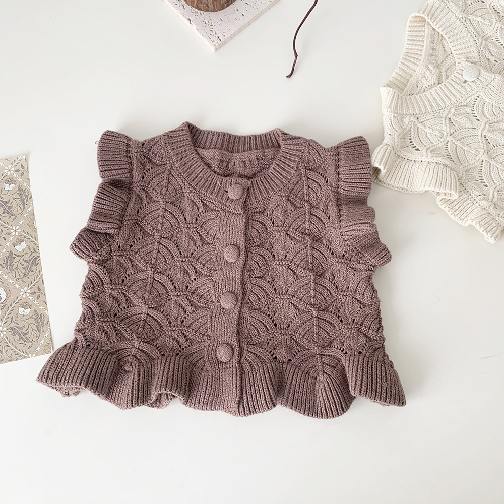 Picture of Cutemily Spring & Fall Cotton Baby Girl Cut Out Woolen Cardigan Vest Girl Baby Lotus Leaf Retro Short Vest