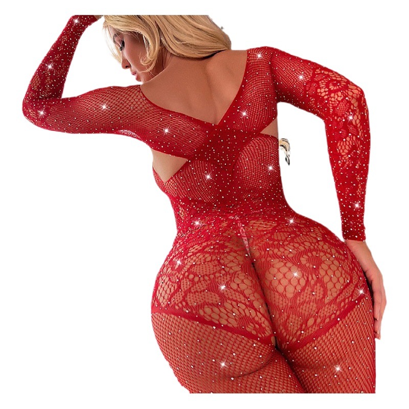 Cross-border Amazon Hot Drilling Chest Embroidered Fun Net Stockings Long-sleeved Open-end Silk Stockings Hollow-out Temptation Stockings