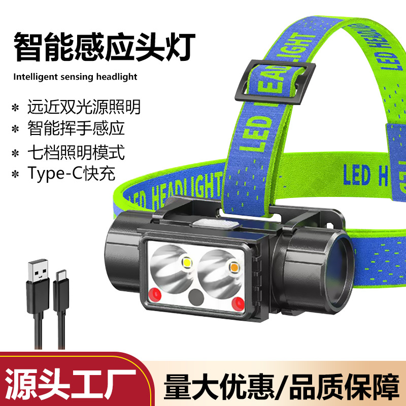 Mini Outdoor Waving Inductive Headlight Red and White Dual Light Fixed Focus Multi-level Adjusting Headlight Night Fishing Patrol Headlight