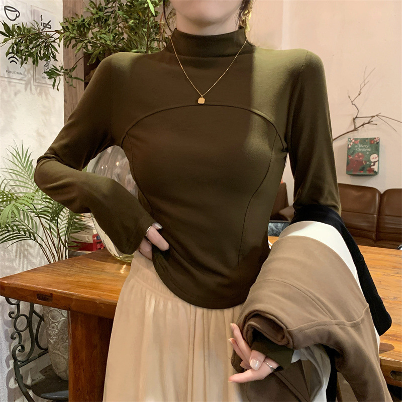 De Rong Half-High Collar Inner Layering Shirt for Women, 2025 Autumn and Winter Slim-Fit Short Style Brushed Fishbone Student New Trendy Top