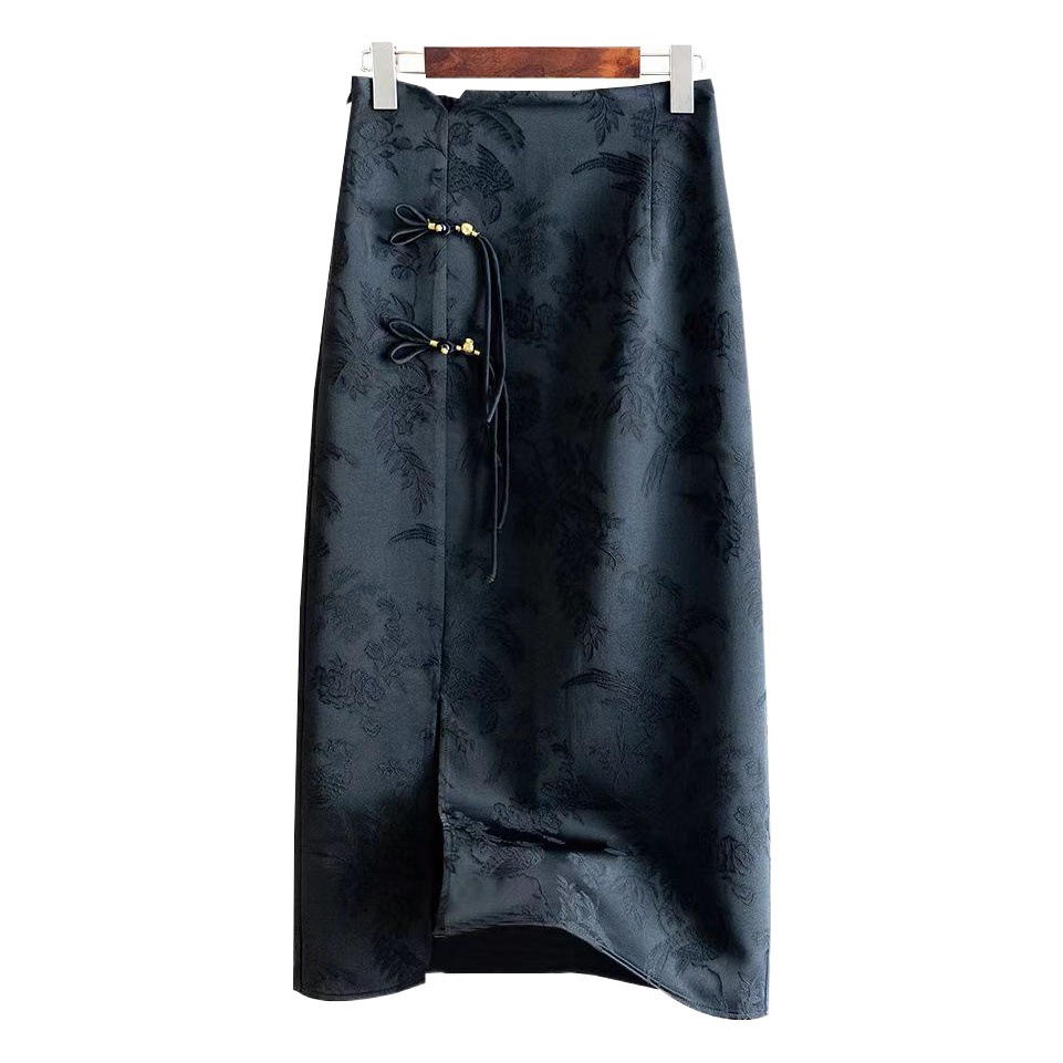 High Style Skirt Cotton Linen Jacquard Spring and Summer New Vintage Chinese Style Beaded Buckle High Waist Split Hip Skirt