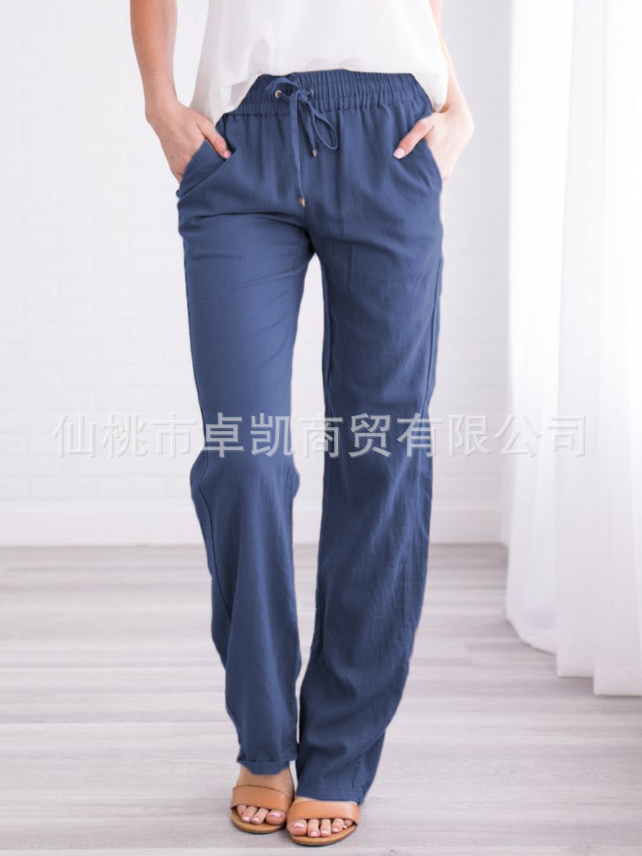 Picture of 2025 Cross-Border Ebay Amazon Wish Spring and Summer New Pure Color Cotton and Linen Loose Drawstring Casual Wide-Leg Pants for Women