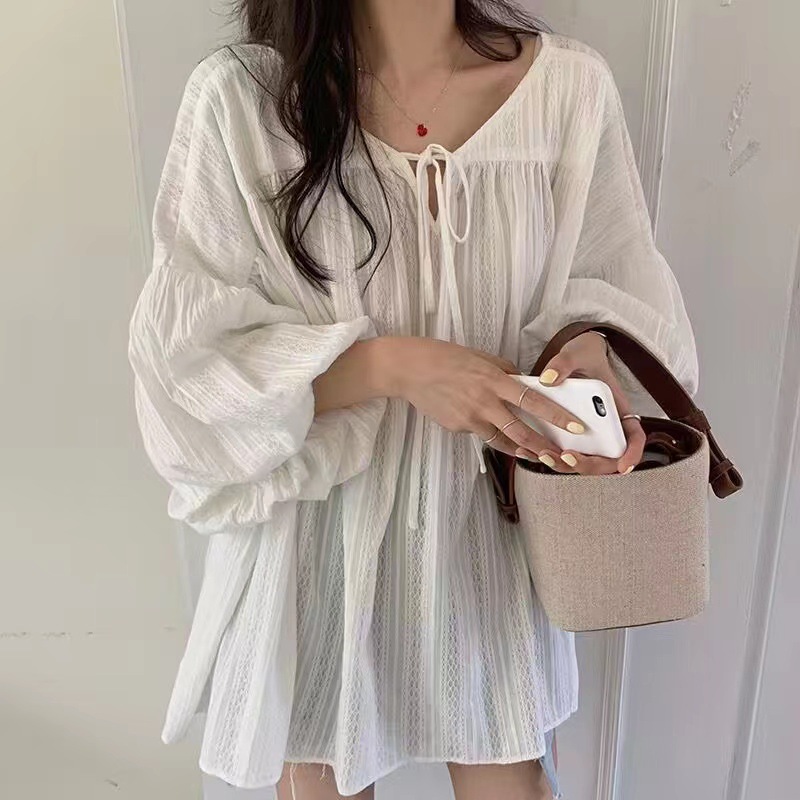 South Korea's Dongdaemun Cotton and Linen Lantern Sleeve Shirt Women's Top 2025 Summer New Design Mid-Length Babydoll Shirt