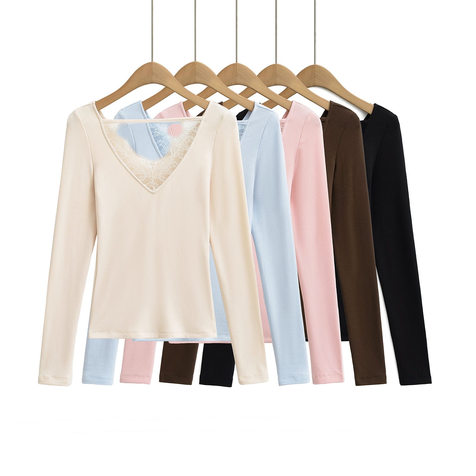 Pure Desire Style Sweet Girl Lace Stitching V-neck Long-sleeved T-shirt Women's 2025 New Design Sense Slim-fit Sexy Bottoming Top
