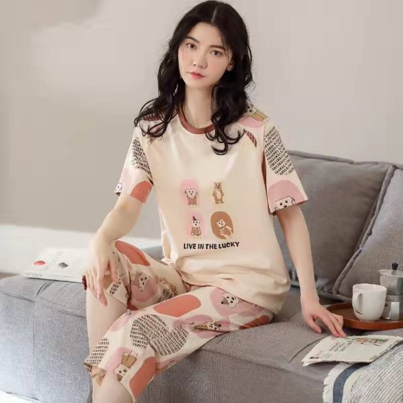 Large number of wholesale pajamas women's summer short sleeve suit Korean version of large size cropped pants summer cute home clothes can be worn outside