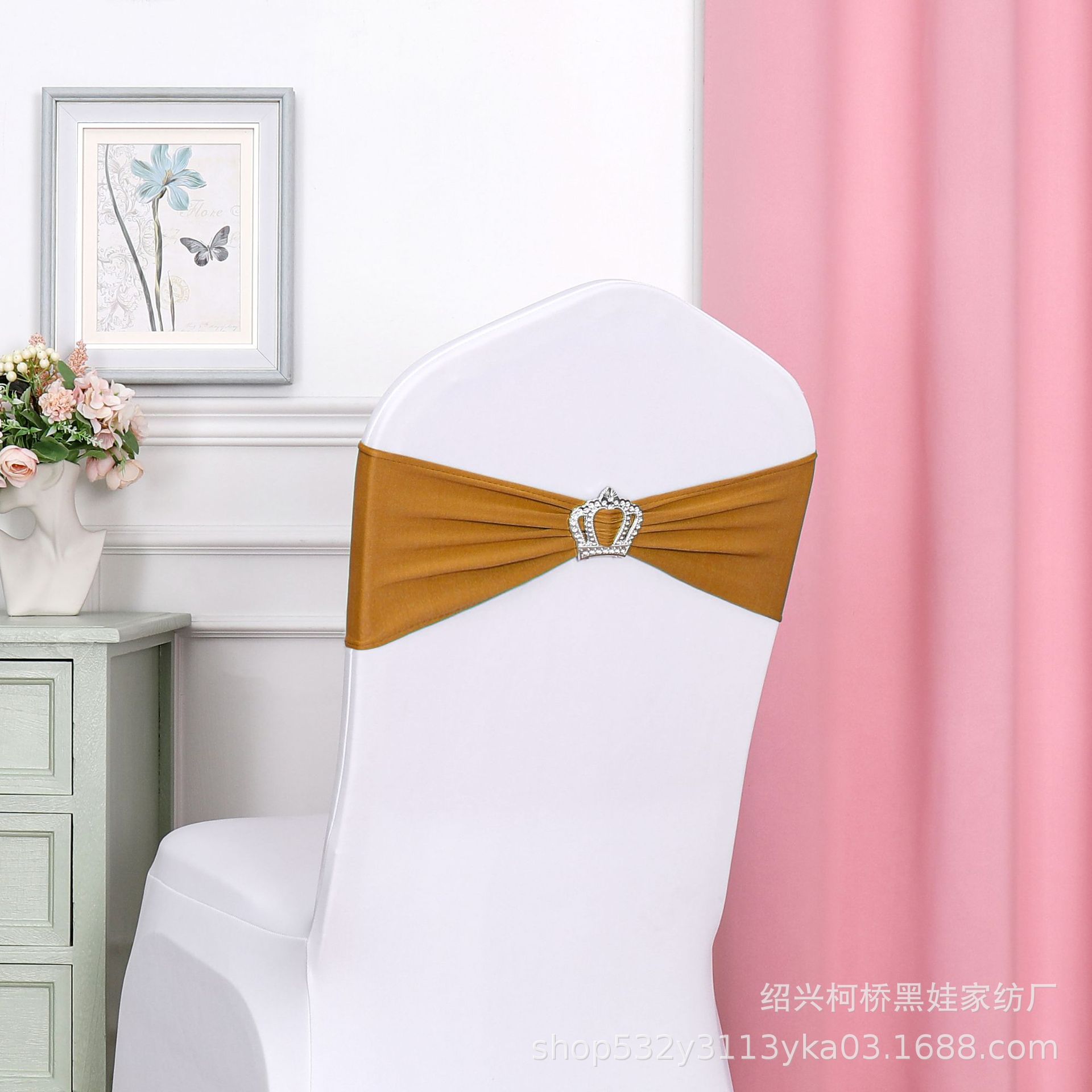 Picture of Chair Back Flower Bow Crown Diamond Buckle Elastic Banquet Chair Set Decoration Free Wedding Strap Ribbon Wedding Ribbon