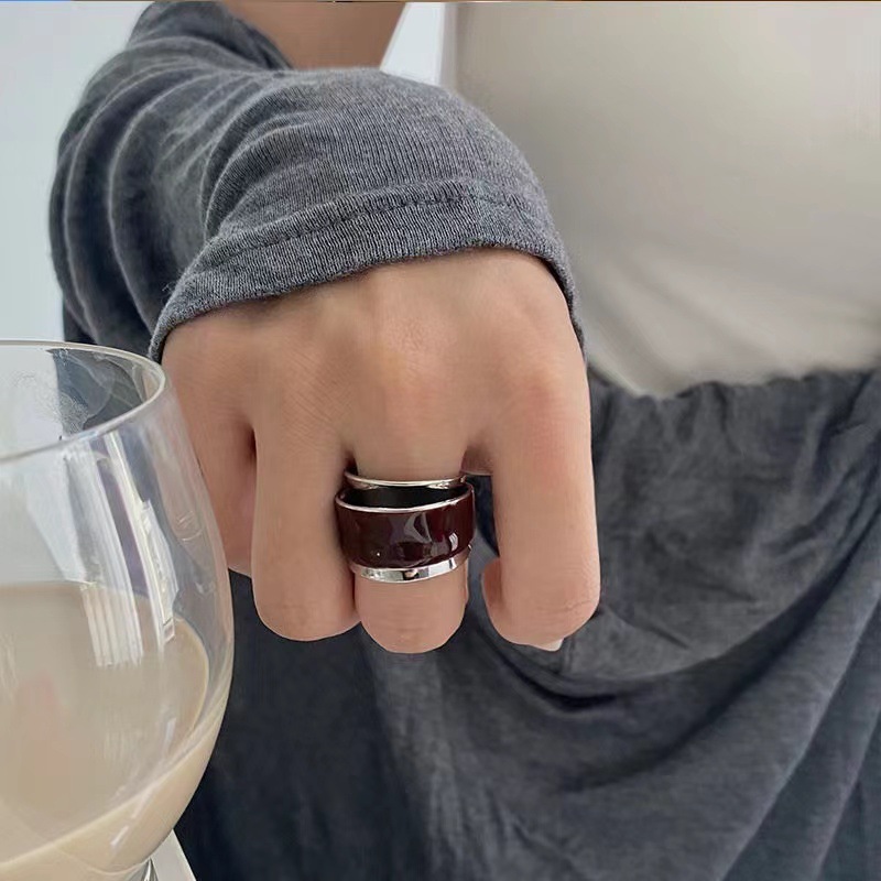A Shui Same Maillard Chocolate Premium wine red Enamel Glaze Double Opening Double Layer Ring Design Ring