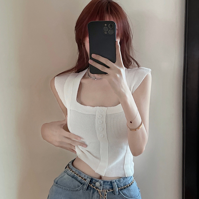 Square Collar Small Flying Sleeve Inner Wearing Outer Wearing Knitted Camisole Summer Slim-fit Slimming Sweet Spicy Sleeveless Base Shirt Top for Women