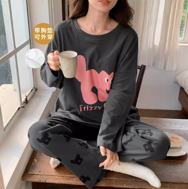 Home New Autumn Women's Double Long Round Neck Pajamas with Chest Pad Cotton Comfortable Soft Simple Printed Figure Wearing