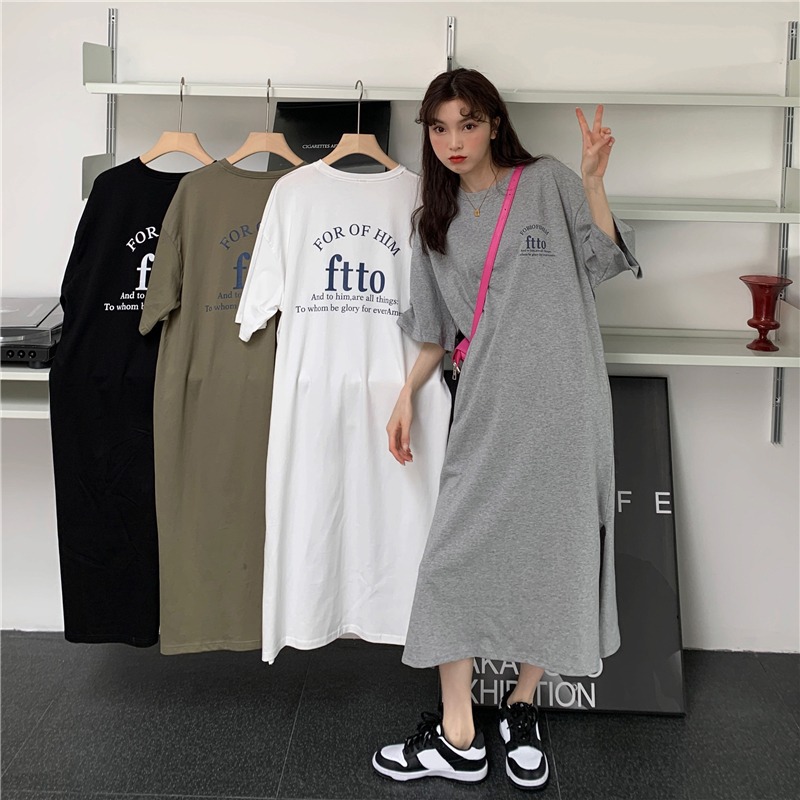 2024 Summer Korean Style Large Size Women's Clothing Loose Split Over-knee T-shirt Skirt Casual Western-style Letter Printed Dress
