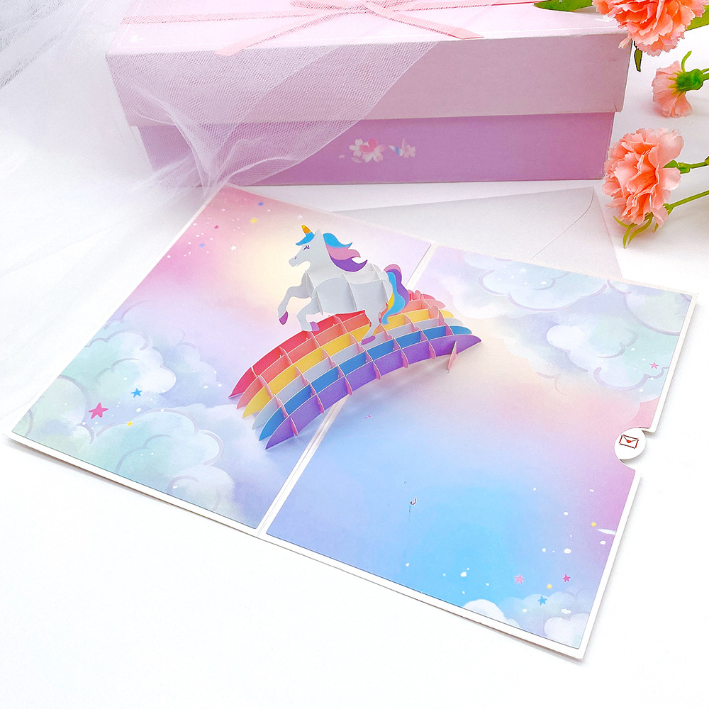 Picture of Cross-Border 3D Birthday Greeting Card for Children, Unicorn Rainbow Bridge Paper Carving Craft Blessing Card, Universal for Holidays