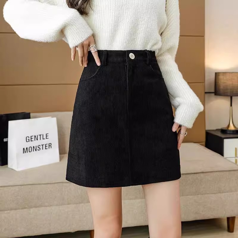 brown Black Autumn and Winter A- line Skirt Women's Hip Skirt Corduroy Skirt Small Short Skirt High Waist Slimming Brown