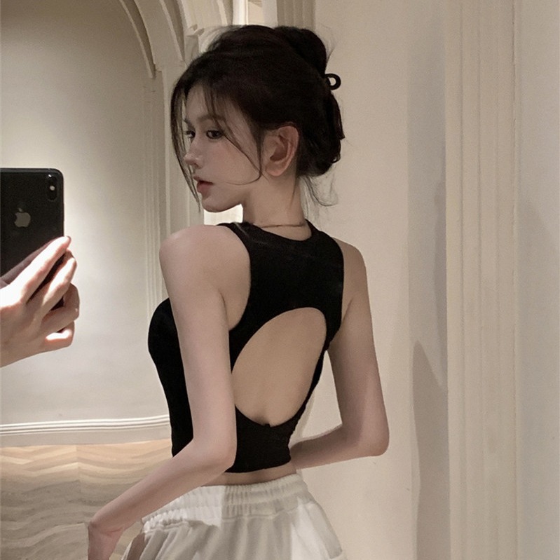 Pure desire style sweet hot girl hollow vest women's clothing 2024 Summer sleeveless black inner wear sexy short outer wear top